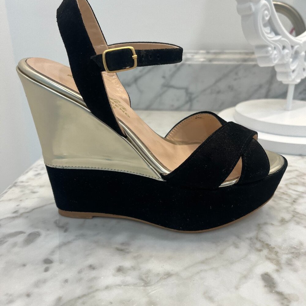 Black suede and gold platform sandals